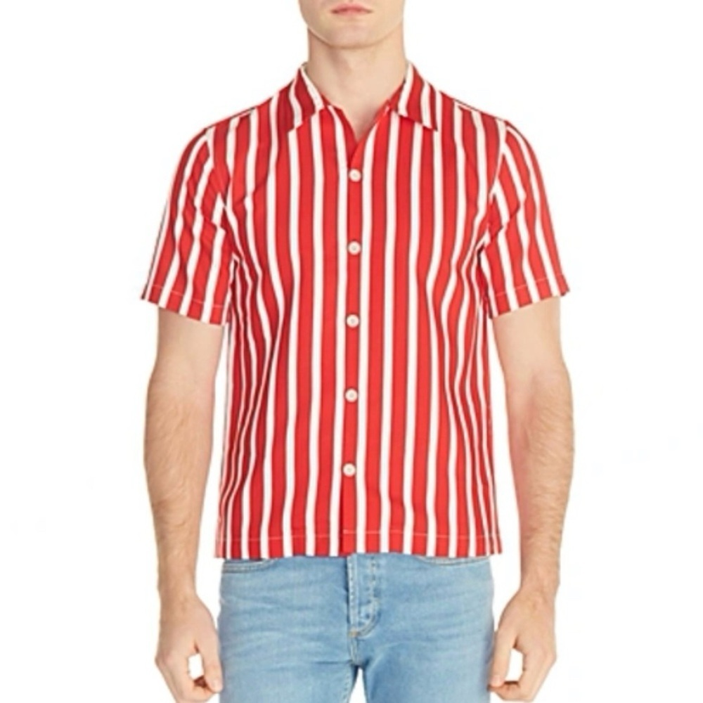 Sandro Paris Sorrento Striped Slim Fit Shirt Short Sleeve Button Up Red Medium